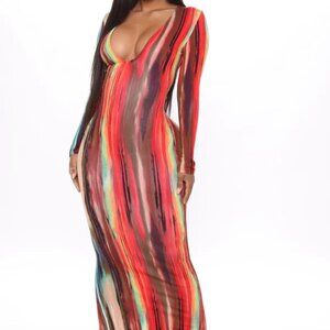Fashion Nova Work Of Art Long Sleeve Maxi Dress Multi Color Size Medium NWT
